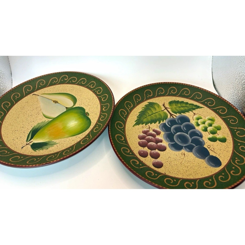 2pc Vintage Home Interior Ceramic Plates 6 in Round Fruit Pattern Green Border
